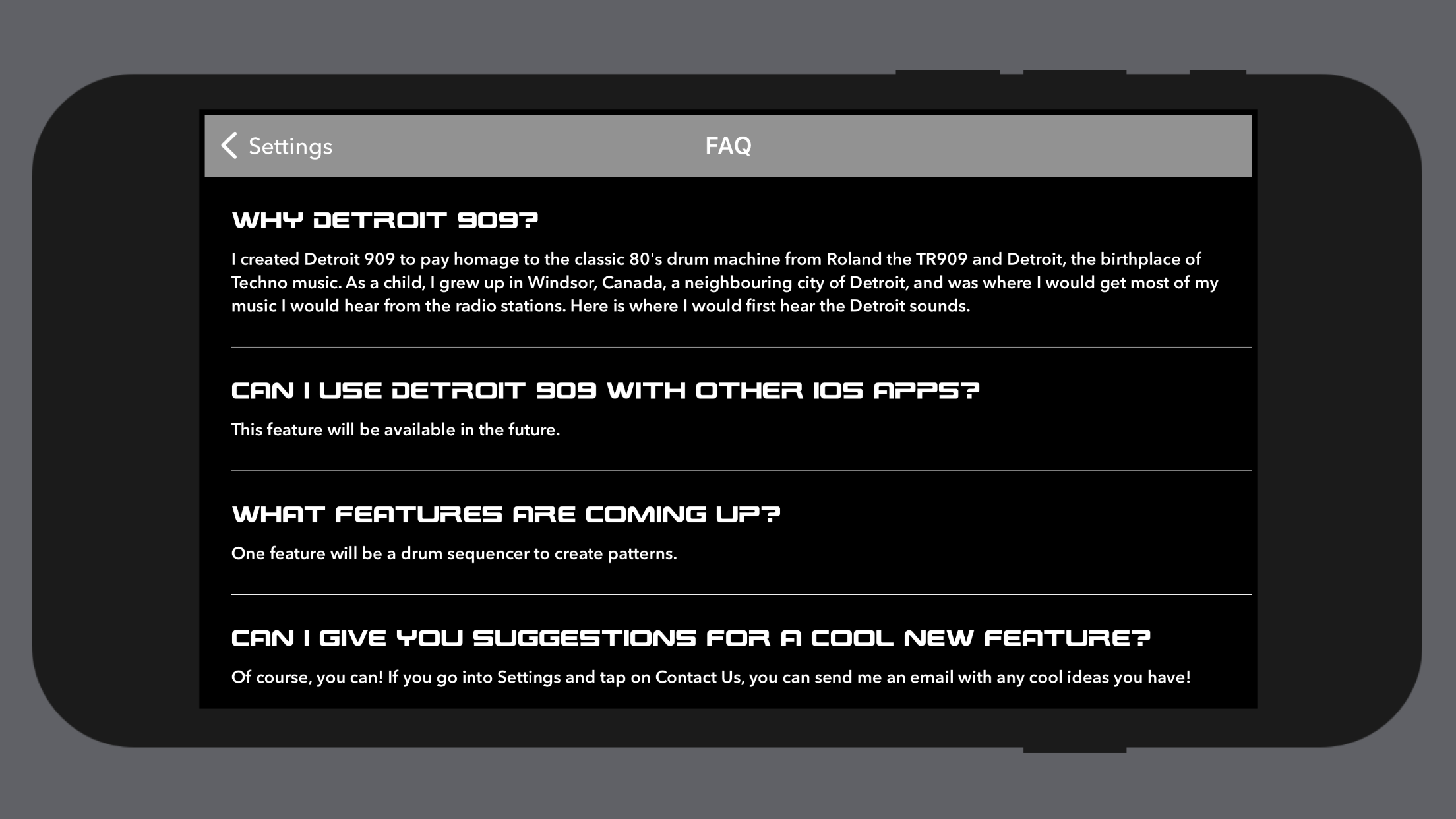 FAQ screen of app